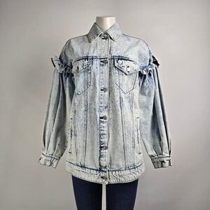 Avec Les Filles Acid Wash Oversized Ruffle Denim Trucker Jacket Size XS/S